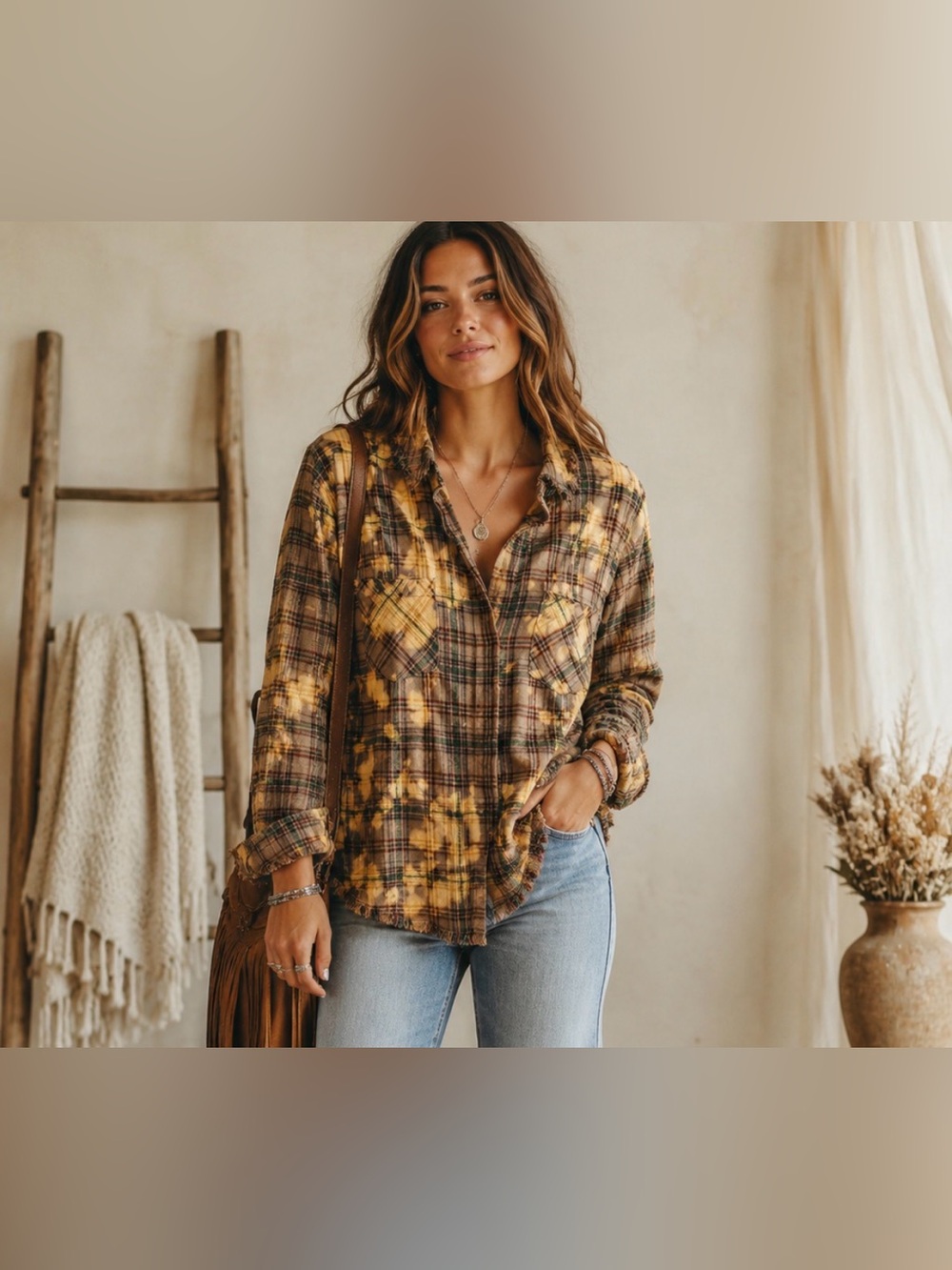 Jaded Gypsy Afternoon Breeze Flannel Tan Yellow Bleach Dye Bohemian Size L/XL